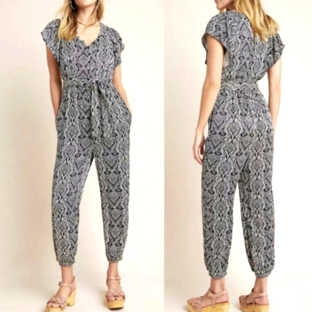 Anthropologie Zadie Boho Black & Ivory Cap-Sleeve Jumpsuit
